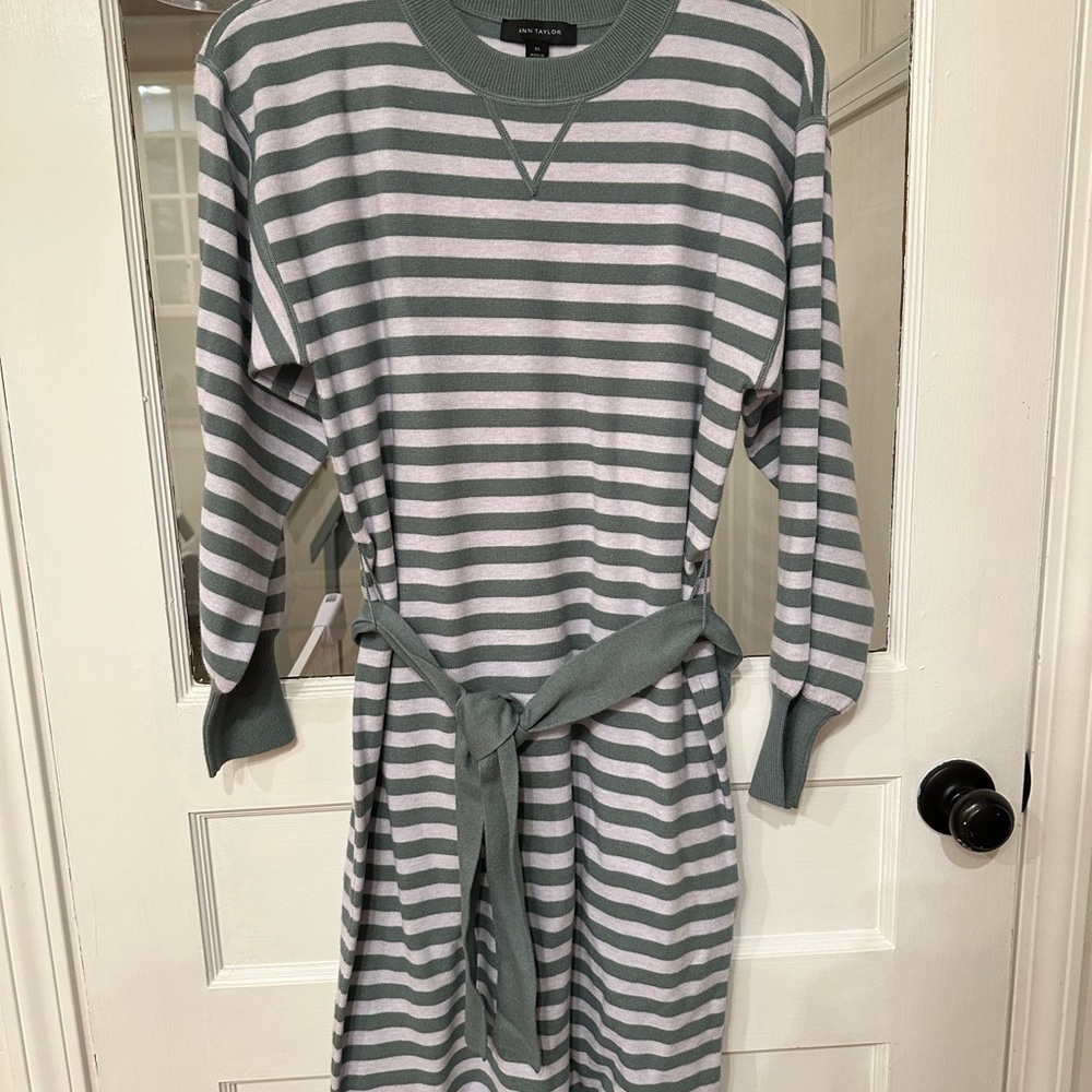Ann Taylor Green Striped Sweater Dress with tie sash